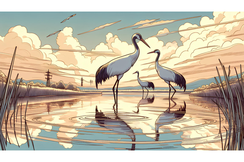 cranes-reflected-in-rippling-water-photorealism