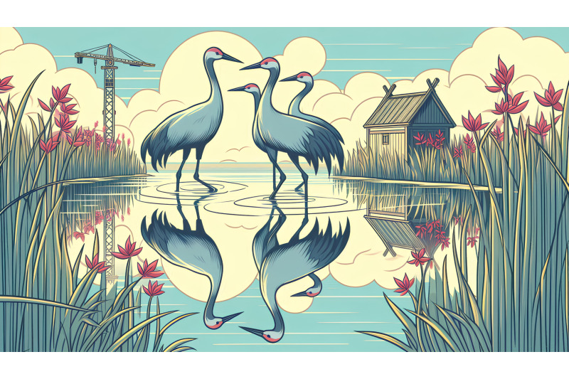 cranes-reflected-in-rippling-water-photorealism