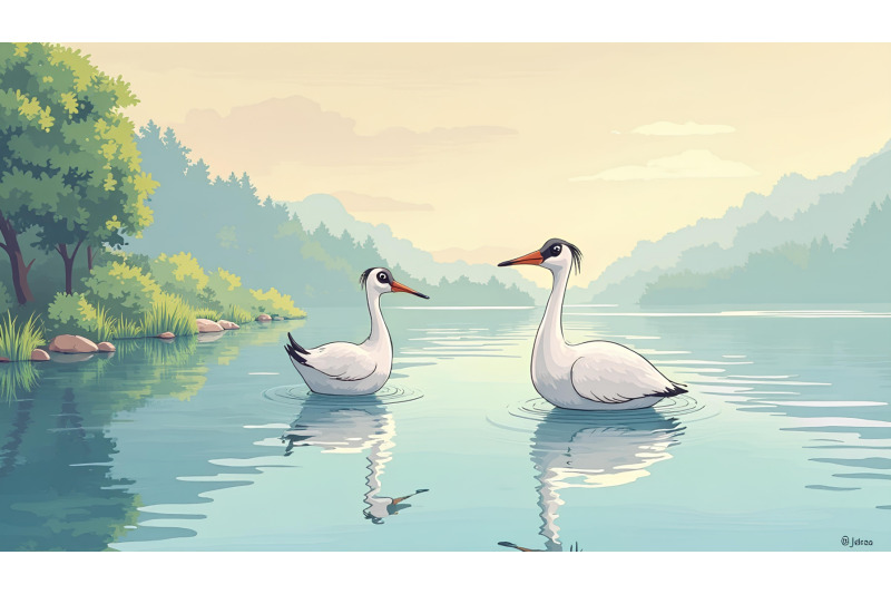 cranes-resting-on-tranquil-waters-peaceful-impressionism
