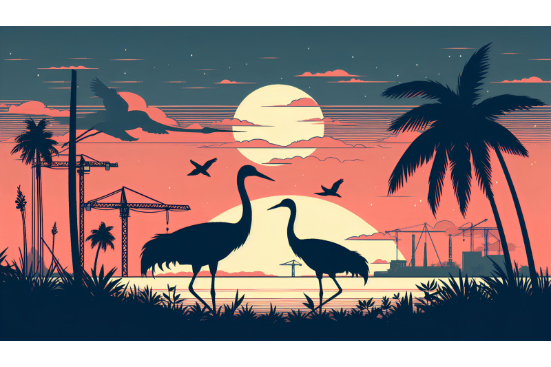 cranes-silhouetted-against-sunset-silhouette