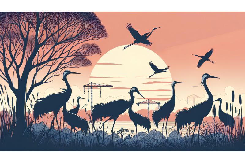 cranes-silhouetted-against-sunset-silhouette