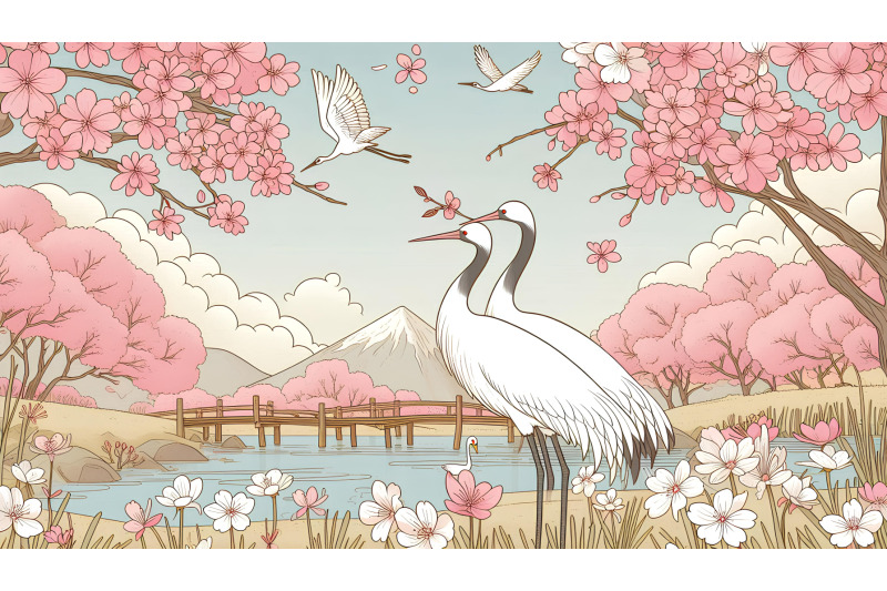 cranes-under-cherry-blossoms-digital-art