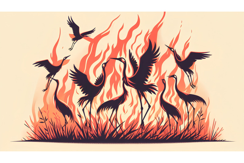 cranes-with-fiery-silhouettes-dramatic-silhouette-art