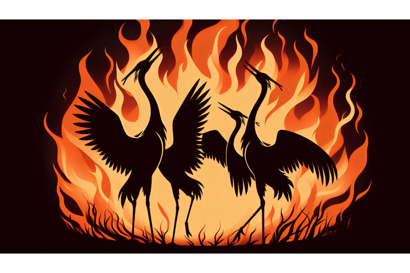 cranes-with-fiery-silhouettes-dramatic-silhouette-art