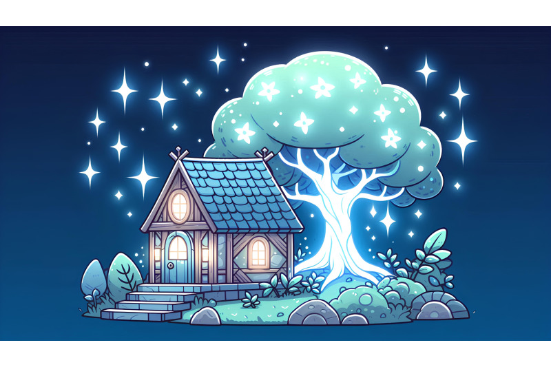 digital-art-glowing-tree-and-blue-roof
