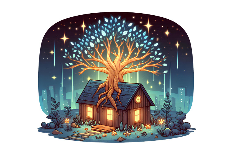 digital-art-glowing-tree-and-blue-roof