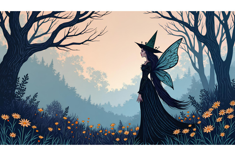fairy-queen-in-gothic-landscape-ink-drawing