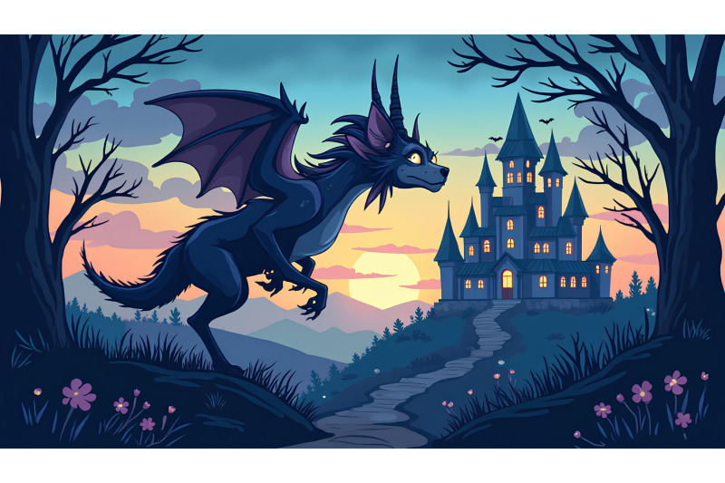 magical-creature-with-gothic-castle-enchanted-dusk