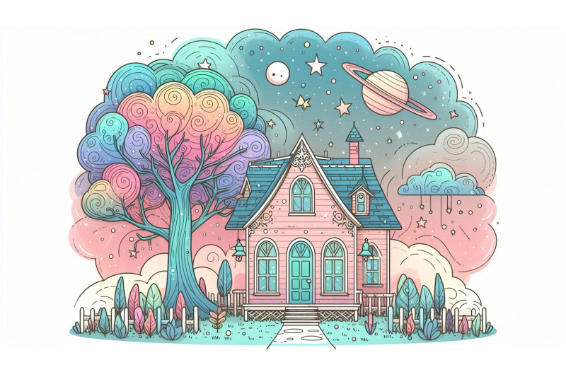 pastel-dream-house-under-cosmic-tree