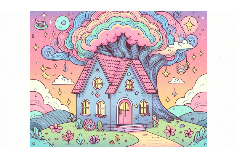 pastel-dream-house-under-cosmic-tree