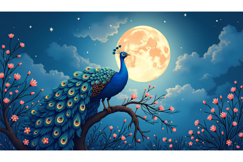 peacock-moonlit-serenity-pointillism