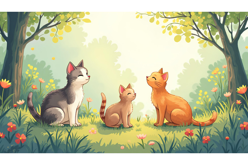 pointillism-cat-trio-in-nature-scene
