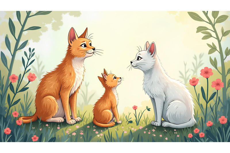 pointillism-cat-trio-in-nature-scene