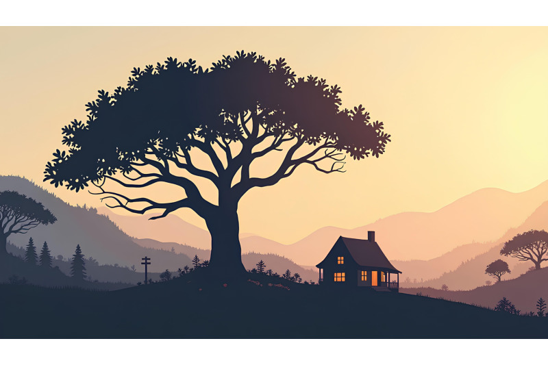 silhouette-of-a-giant-tree-and-cottage