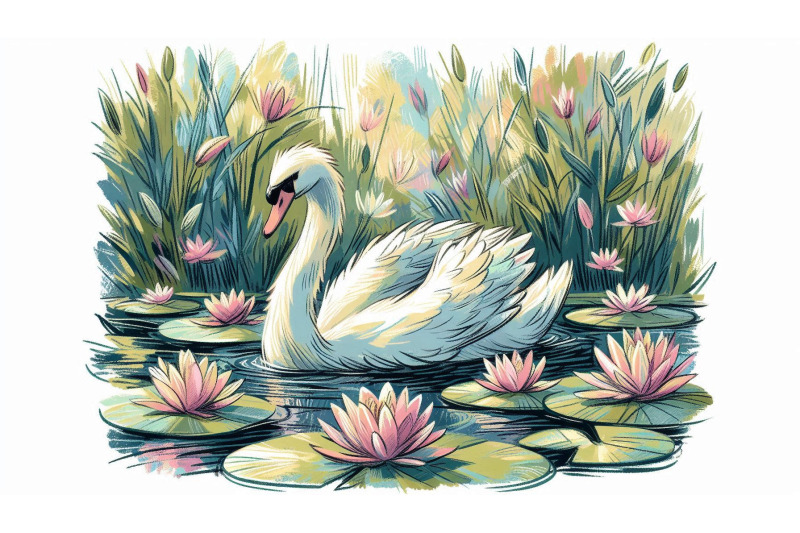 swan-floating-among-water-lilies-impressionist-brushwork