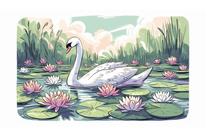 swan-floating-among-water-lilies-impressionist-brushwork