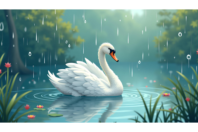 swan-in-a-delicate-raindrop-kissed-pond-rainy-impressionism