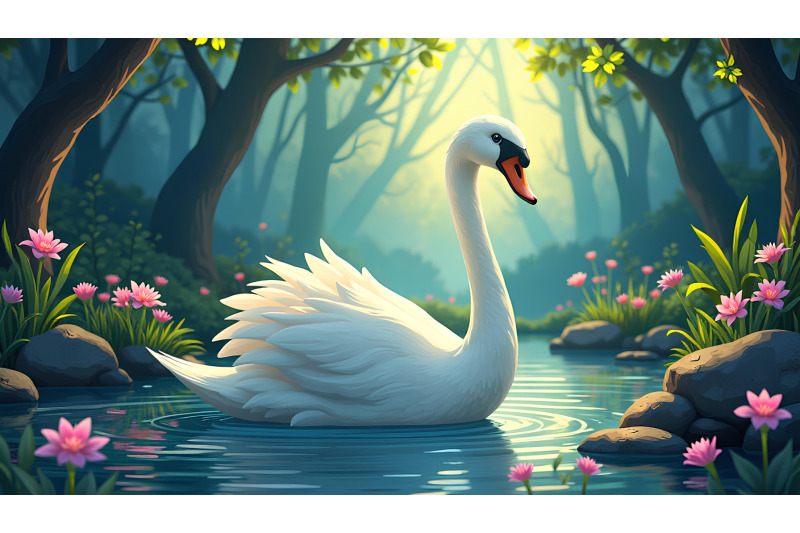 swan-in-a-glowing-fairy-garden-fairy-tale-art