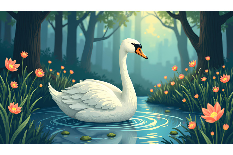 swan-in-a-glowing-fairy-garden-fairy-tale-art