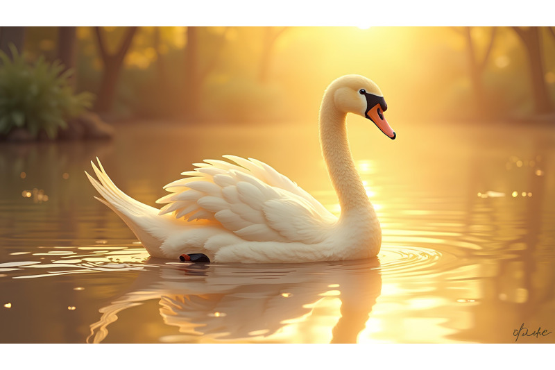 swan-reflecting-in-golden-waters-golden-realism