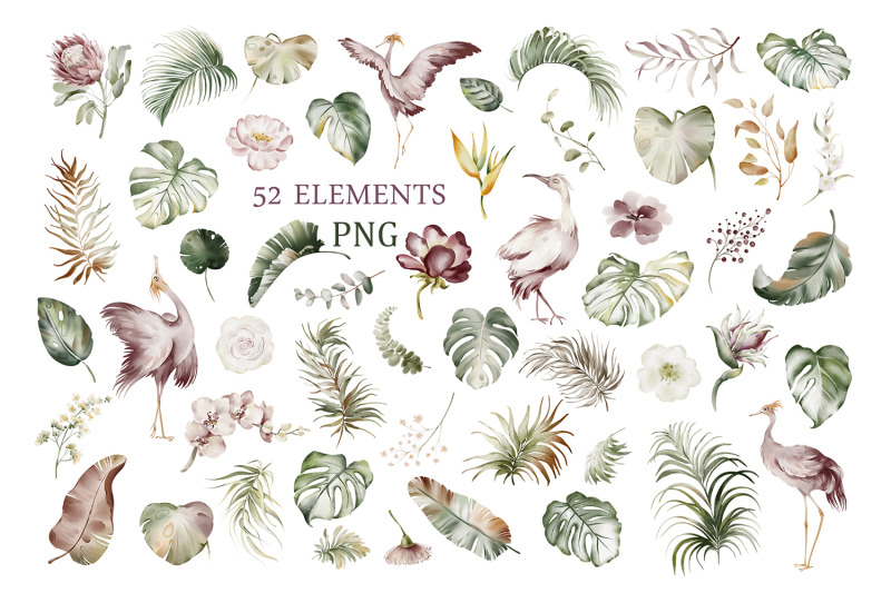 tropical-watercolor-clipart-flamingos-flowers-amp-leaves
