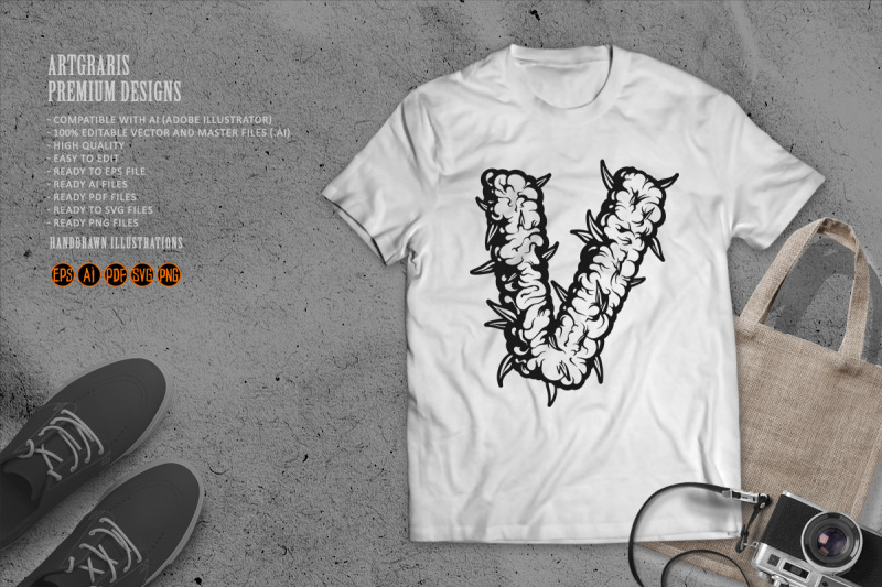 weed-bud-inspired-v-letter-outline-monochrome-style