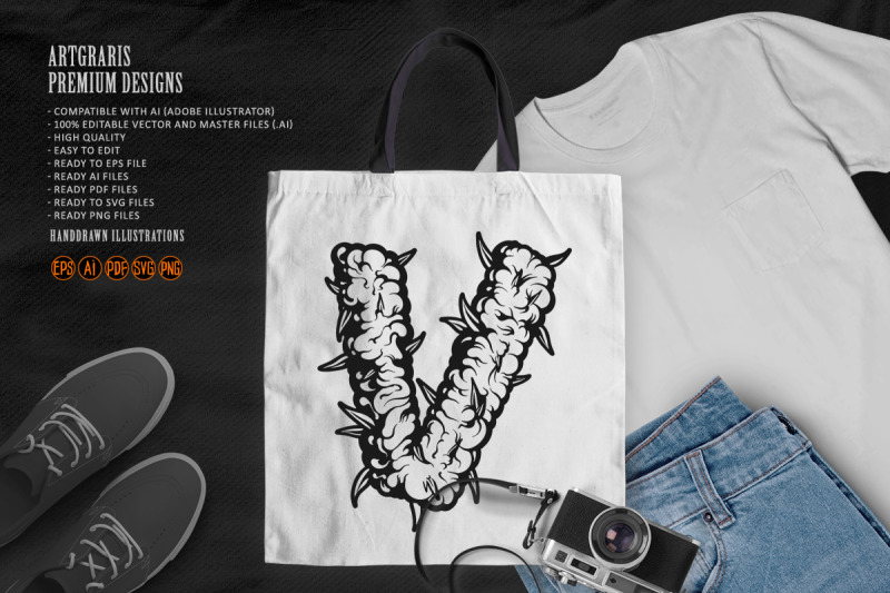 weed-bud-inspired-v-letter-outline-monochrome-style