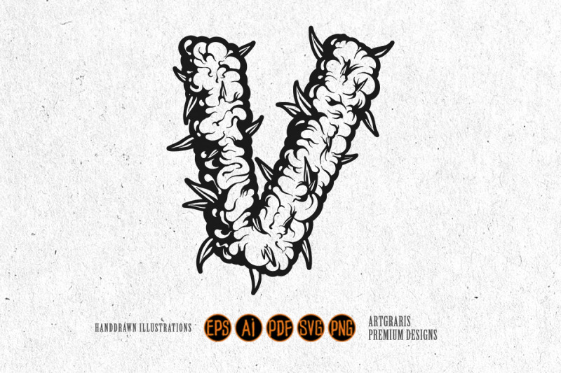 weed-bud-inspired-v-letter-outline-monochrome-style