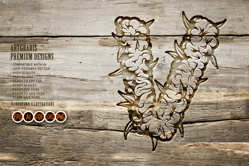weed-bud-inspired-v-letter-outline-monochrome-style