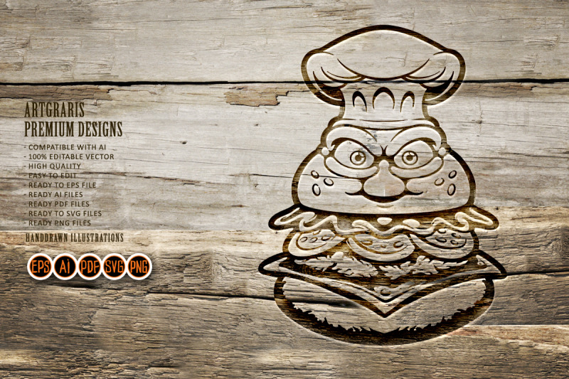 grumpy-burger-with-chef-hat-monochrome-vector-art