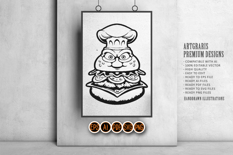 grumpy-burger-with-chef-hat-monochrome-vector-art
