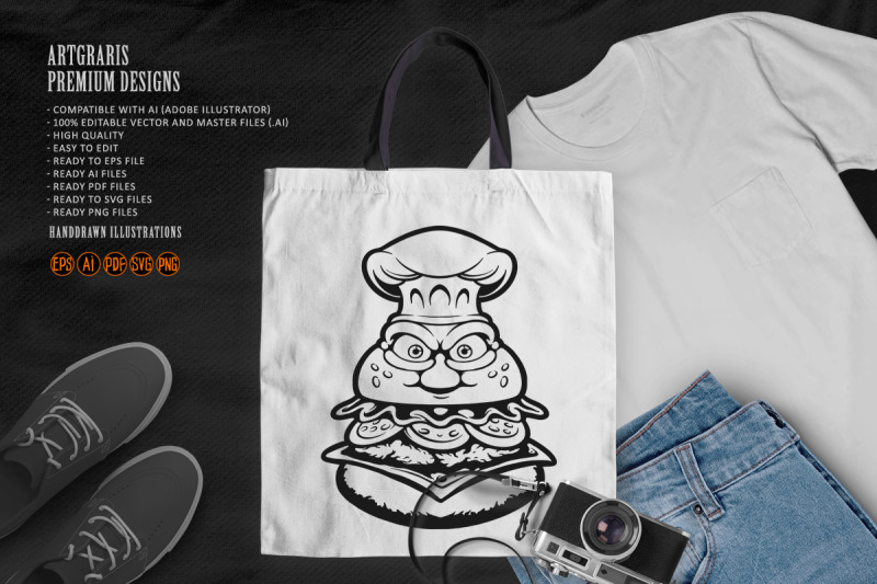 grumpy-burger-with-chef-hat-monochrome-vector-art