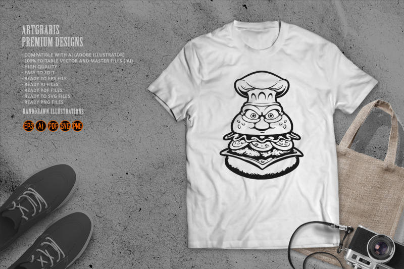 grumpy-burger-with-chef-hat-monochrome-vector-art