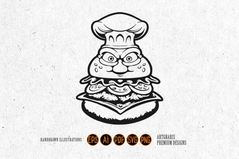 grumpy-burger-with-chef-hat-monochrome-vector-art