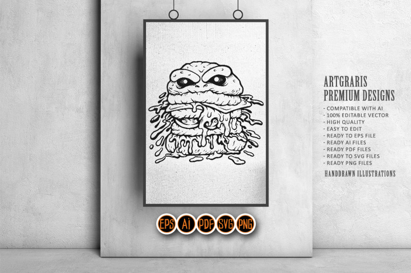 outline-of-burger-monster-with-cheese-drips-monochrome