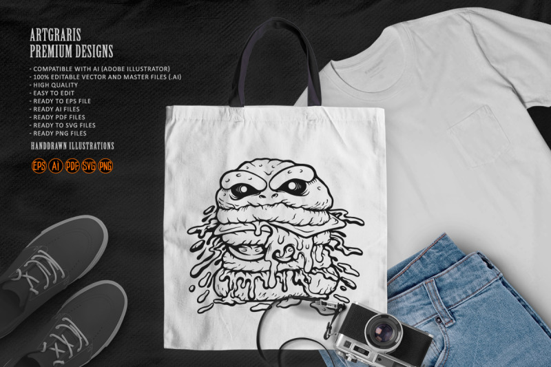outline-of-burger-monster-with-cheese-drips-monochrome