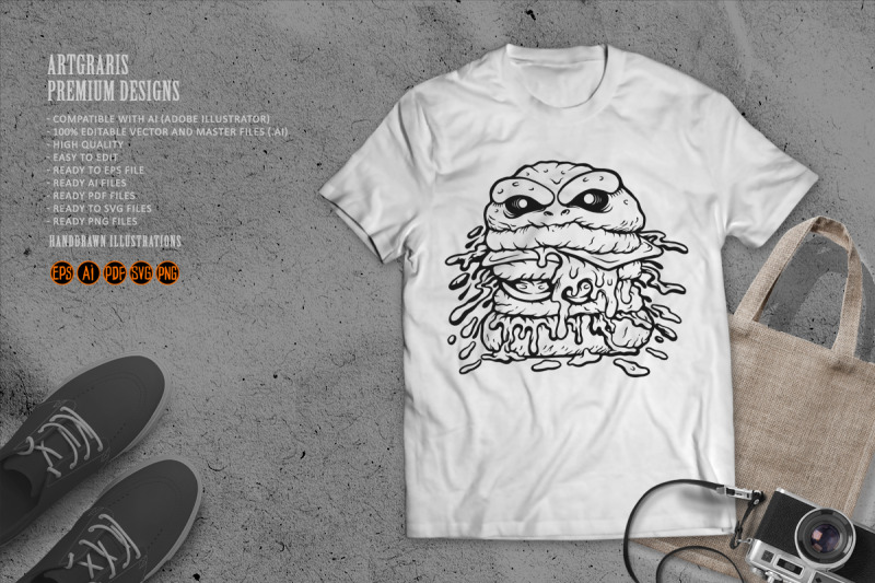 outline-of-burger-monster-with-cheese-drips-monochrome