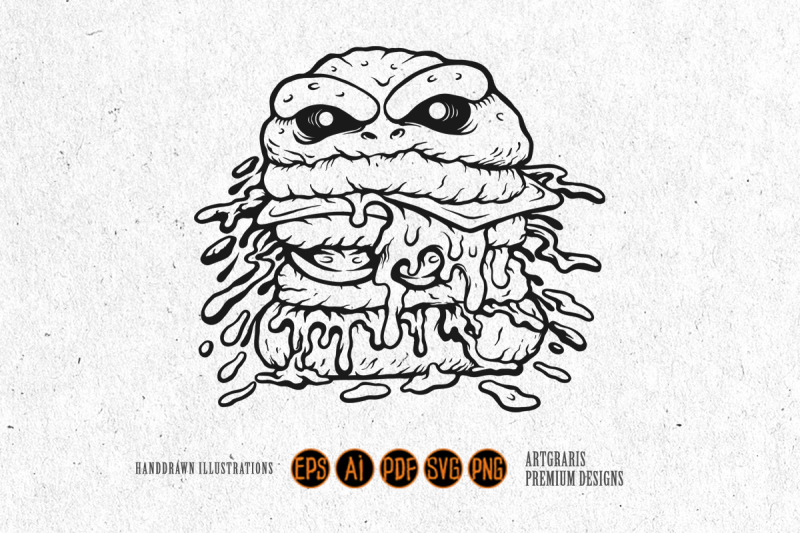 outline-of-burger-monster-with-cheese-drips-monochrome