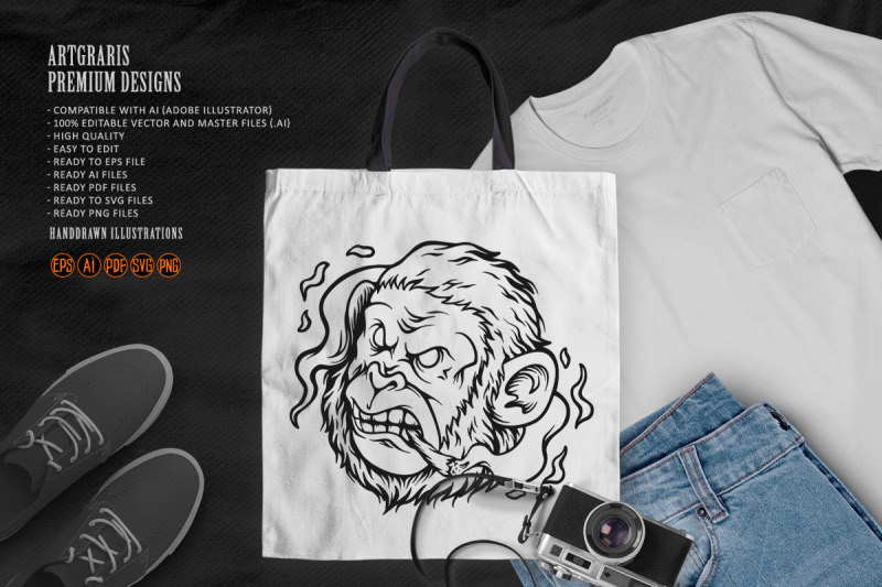 relaxed-monkey-smoking-outline-monochrome-style