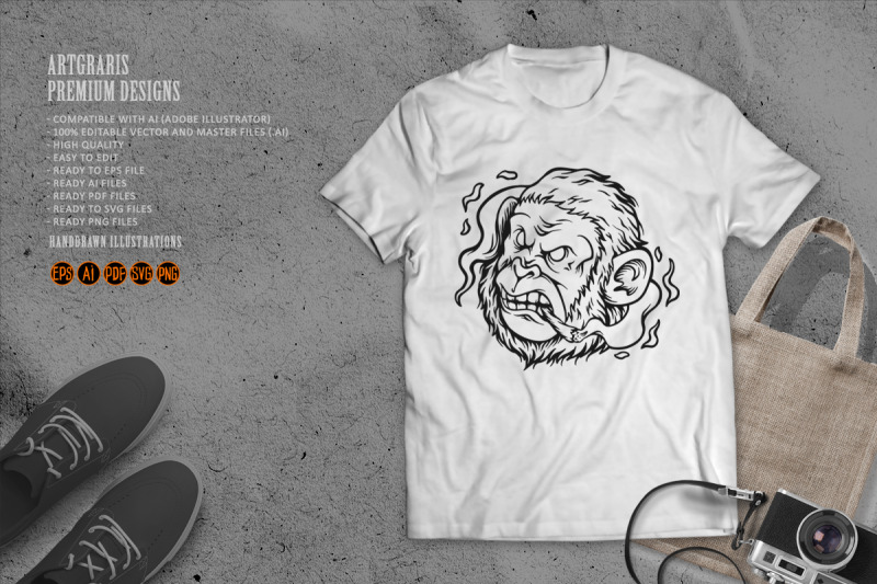 relaxed-monkey-smoking-outline-monochrome-style