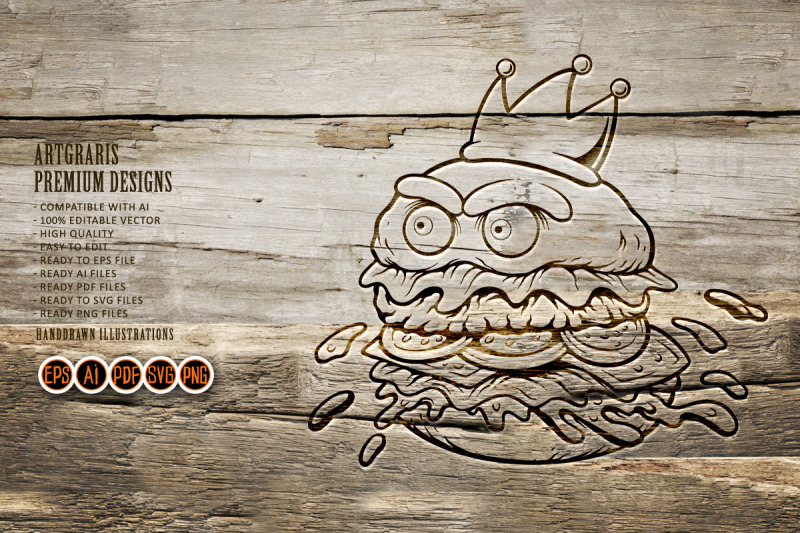 furious-cartoon-burger-wearing-a-crown-monochrome