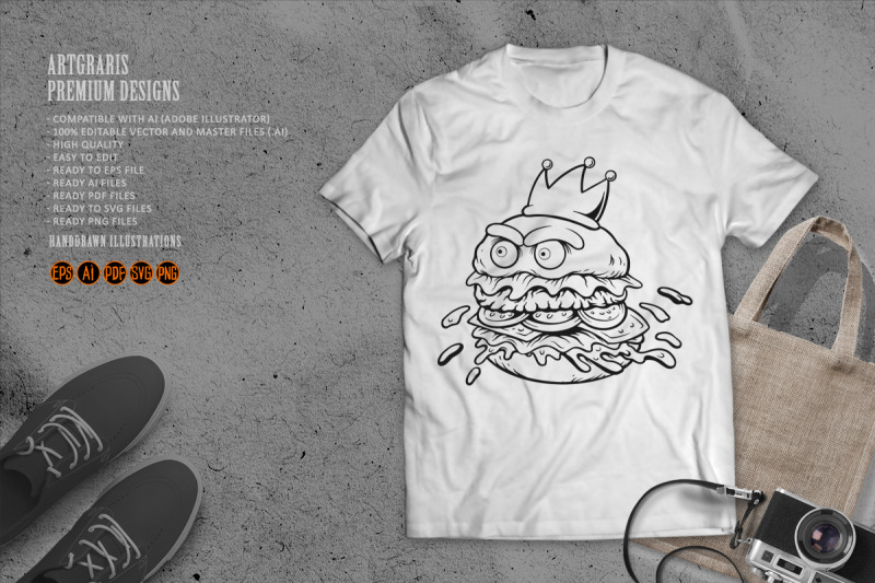 furious-cartoon-burger-wearing-a-crown-monochrome