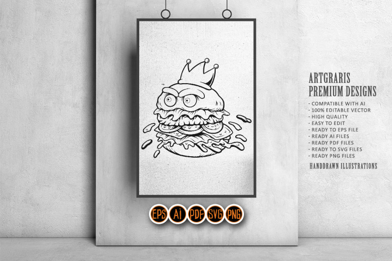 furious-cartoon-burger-wearing-a-crown-monochrome
