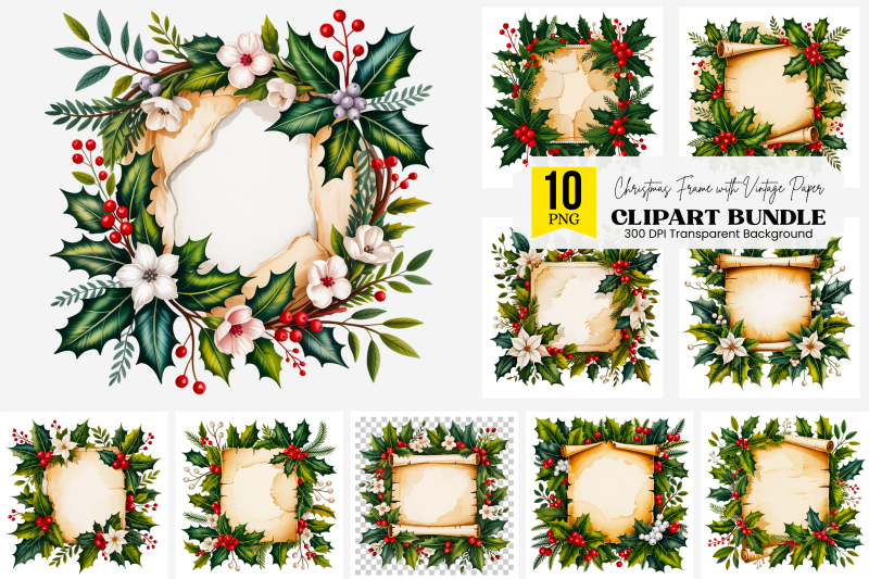 10-christmas-png-frame-with-holly-berries-vintage-paper-background