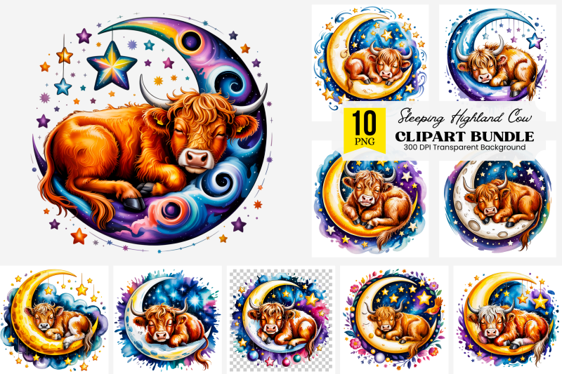 10-sleeping-baby-cow-png-clipart-highland-calf-on-moon-watercolor-art