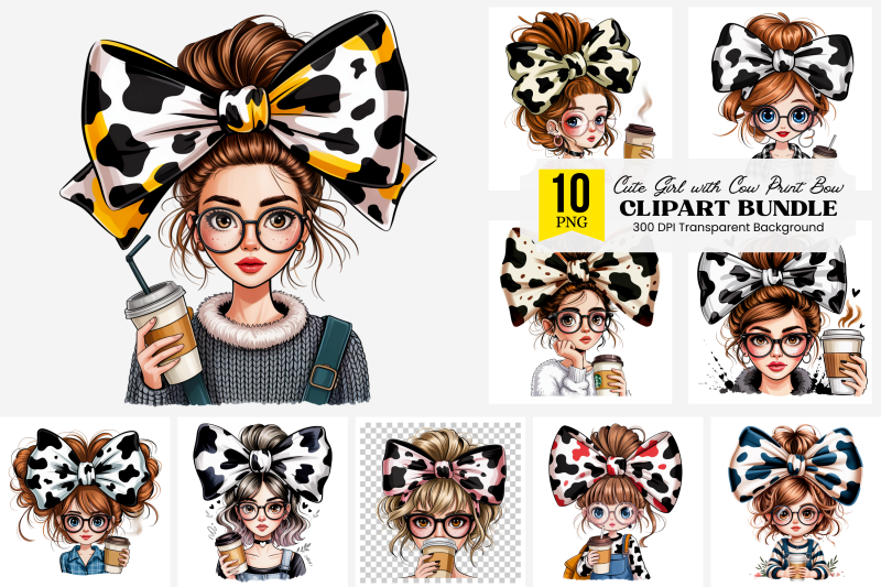 cute-girl-png-clipart-with-cow-print-bow-glasses-and-coffee-cup