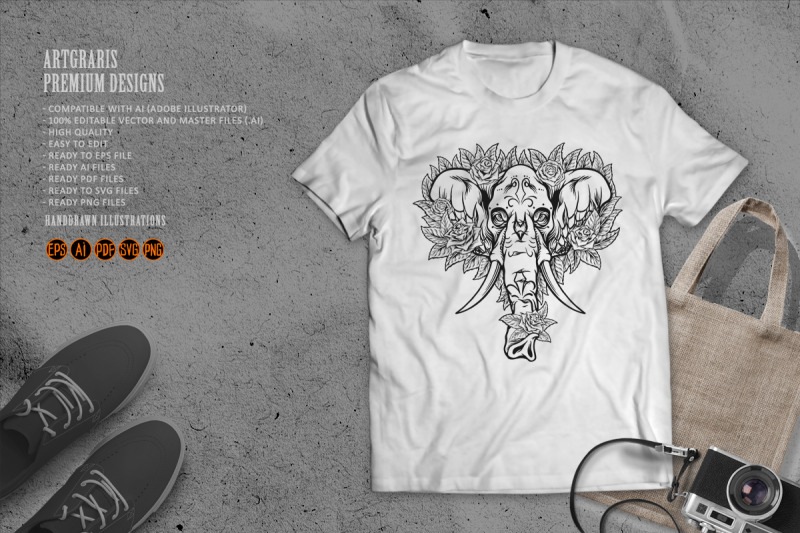 ornamental-skull-of-elephant-with-flowers-outline-monochrome