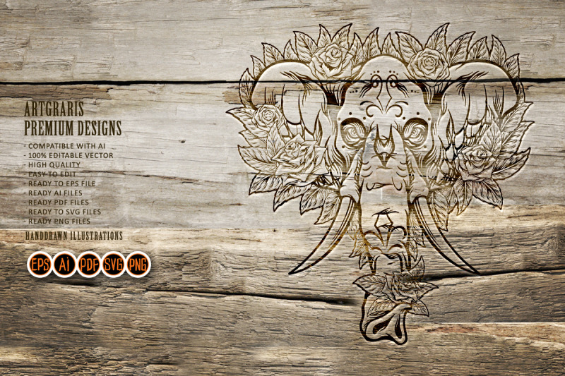 ornamental-skull-of-elephant-with-flowers-outline-monochrome