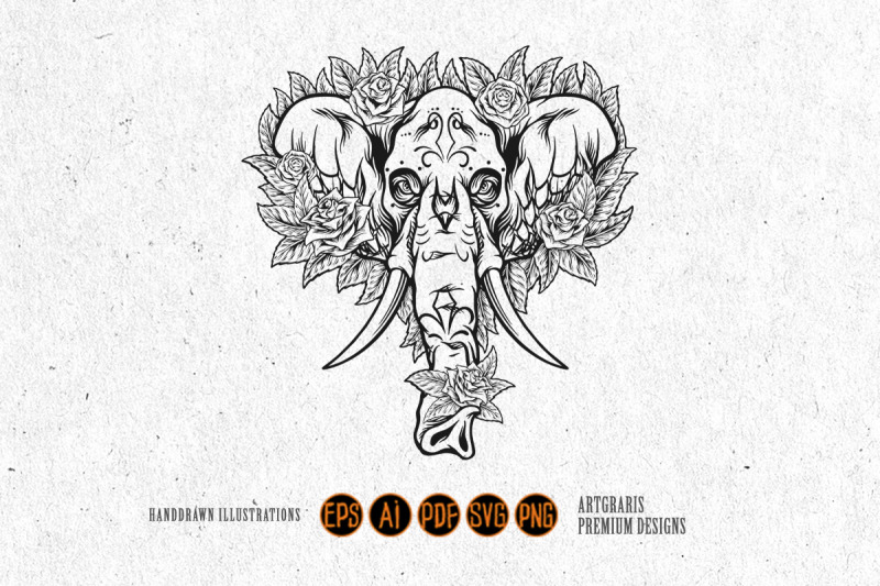 ornamental-skull-of-elephant-with-flowers-outline-monochrome