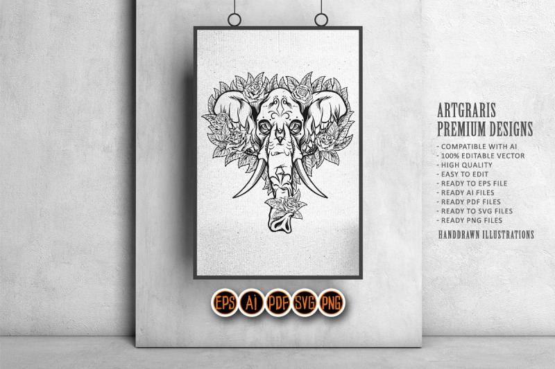 ornamental-skull-of-elephant-with-flowers-outline-monochrome